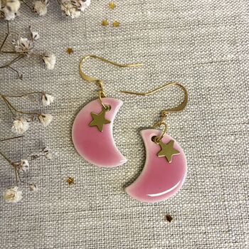 Pink Moon And Star Ceramic Earrings Gold Plated, 3 of 8