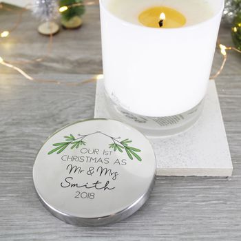 First Christmas As Mr And Mrs Scented Candle With Lid, 8 of 10