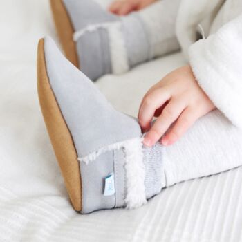 Dotty Fish Grey Soft Suede Baby And Toddler Slippers With Fleece Lining, 3 of 9