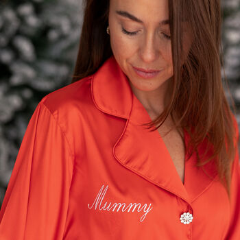 Matching Personalised Mum And Daughter Red Christmas Silky Pyjama Set, 4 of 12