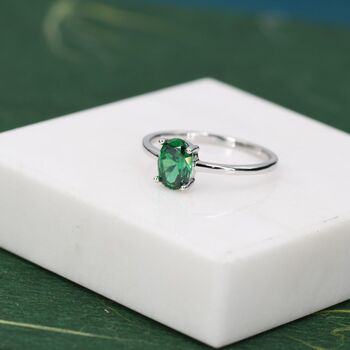 Sterling Silver One Carat Emerald Green Cz Oval Cut Ring, 2 of 11