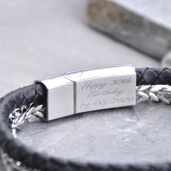 Men's Personalised Black Leather And Chain Bracelet, 2 of 7
