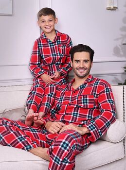 Unisex Kids Brushed Woven Red Check Pyjamas, 2 of 4