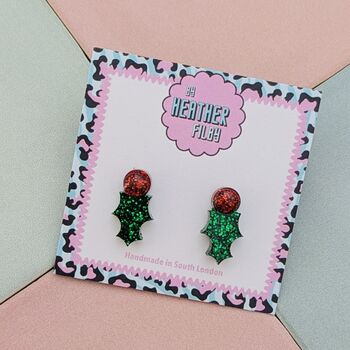 Holly Glitter Christmas Stud Resin Earrings, 3 of 4