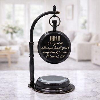 Engraved Vintage Black Desk Clock With Compass Base, 3 of 12