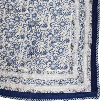 Indigo Blue And White Floral Indian Block Printed Cotton Bed Quilt, 8 of 9