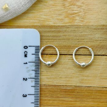 Pure Sterling Silver Single Ball Bali Hoop Earrings, 3 of 3
