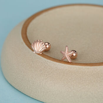 Sterling Silver Starfish And Shell 18 G Screw Back Stud Earrings, 7 of 12