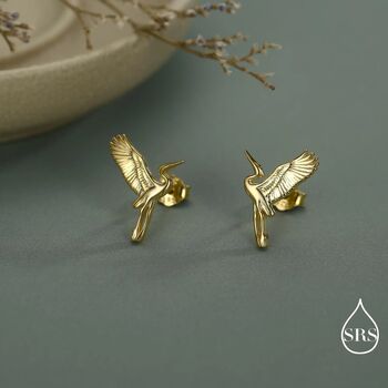 Sterling Silver Flying Heron / Crane Bird Stud Earrings, 3 of 12