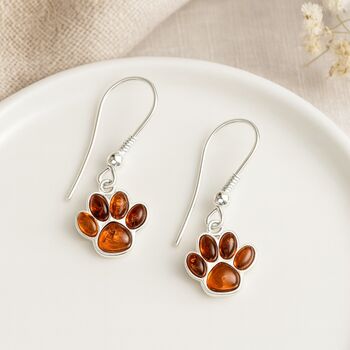 Sterling Silver Baltic Amber Paw Print Drop Earrings: Cat And Dog Lover Gift – 15mm, 3 of 9