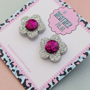 Flower Glitter Resin Stud Earrings Silver, Green And Blue, 4 of 12