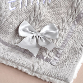 Personalised Knitted Grey Blanket With Bow, 8 of 8