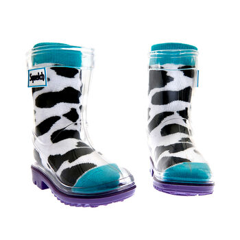 Squelch Transparent Wellies And Three Sock Set Cow, 5 of 7