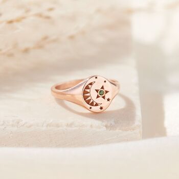 Moon And Star Birthstone Signet Ring, 2 of 8