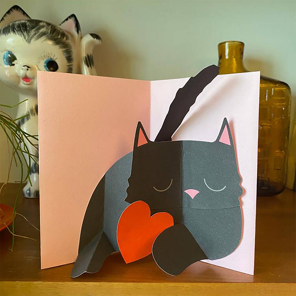Pop Up 3D Black Cat With 'Spinning' Heart Greeting Card, 1 of 3