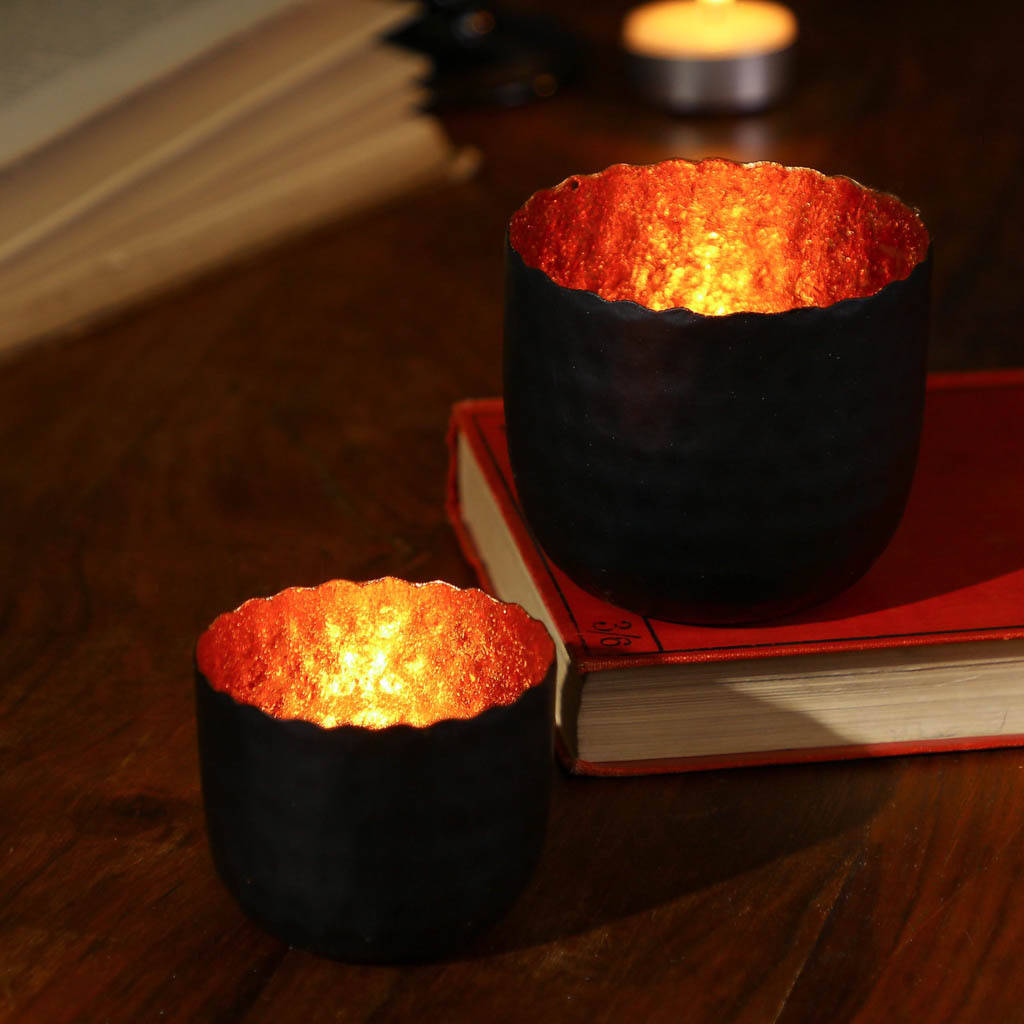 Set Of Two Black And Copper Tea Light Holders By Dibor