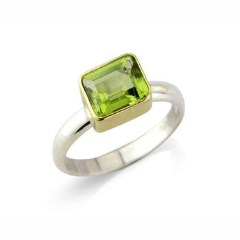 Rectangular Peridot Silver Ring In 18ct Gold, 2 of 4