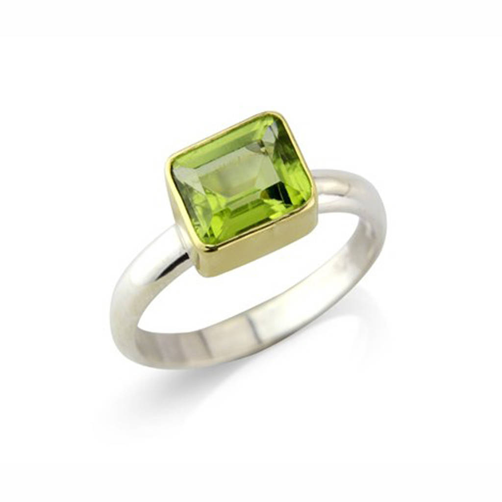 Rectangular Peridot Silver Ring In 18ct Gold By Argent of London