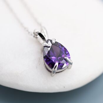 Sterling Silver Amethyst Purple Pear Cut Cz Necklace, 2 of 12