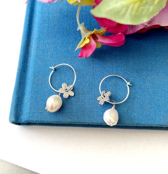 Sterling Silver Flower And Pearl Drop Hoop Earrings, 10 of 10