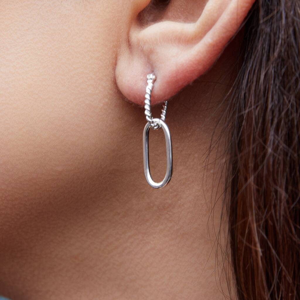 Sterling Silver Double Hoop Rope Edged Oval Earrings, 1 of 6