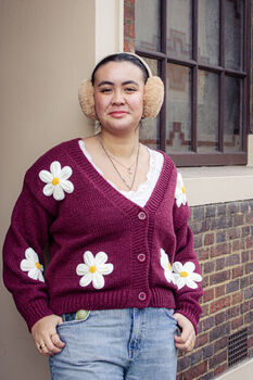 Burgundy Crochet Bobble Applique Relaxed Daisy Cardigan, 2 of 6