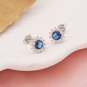 Sapphire Cz Flower Stud Earrings In Sterling Silver, 5 of 12