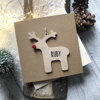 Personalised Wooden Reindeer Decoration Christmas Card, 2 of 2