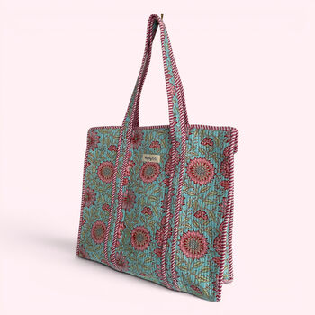 Blue And Pink Block Print Floral Quilted Cotton Tote Bag, 3 of 5