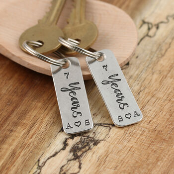 7th Anniversary Couples Gift Pair Of Personalised Pewter Keyrings, 7 of 8