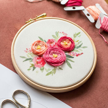 Raspberry And Peach Bouquet Embroidery Hoop Kit, 3 of 9
