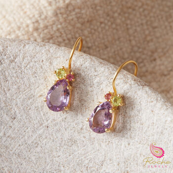 White Pearl, Blue Topaz And Pink Tourmaline Cluster Hook Earrings, 5 of 8