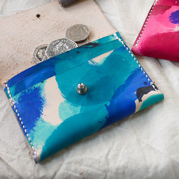 Hand Painted Leather Coin And Card Purse Blue Brush, 7 of 10