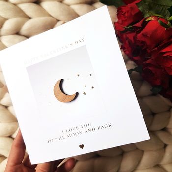 To The Moon And Back Wood And Gold Foil Valentines Card, 3 of 3