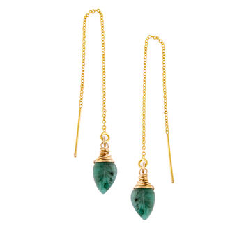 Emerald Gemstone Leaf Threader Earrings, 3 of 5