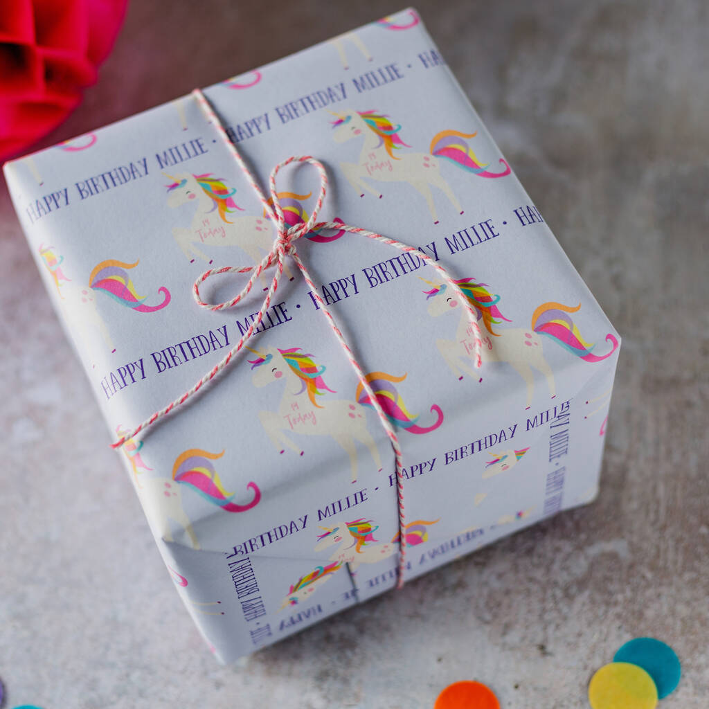 unicorn personalised wrapping paper by spotty n stripy