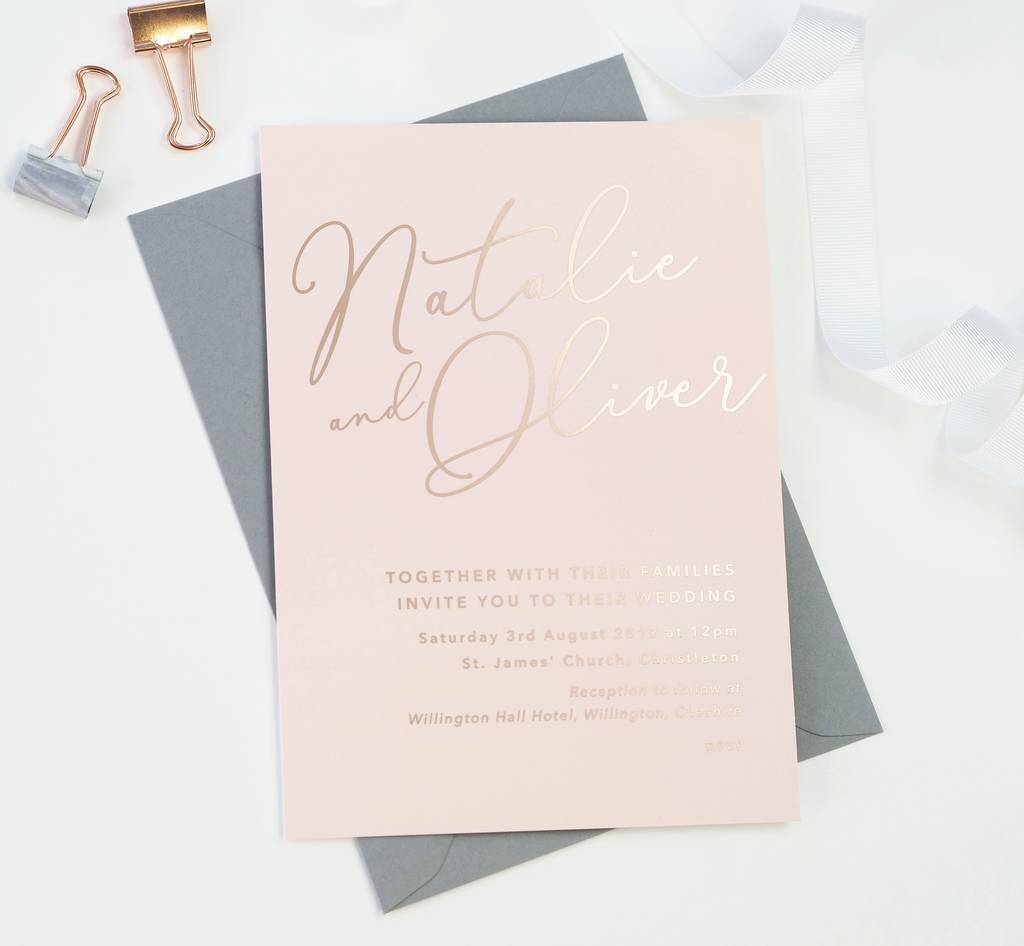 Natalie Blush Pink Foil Wedding Invitations, 1 of 2