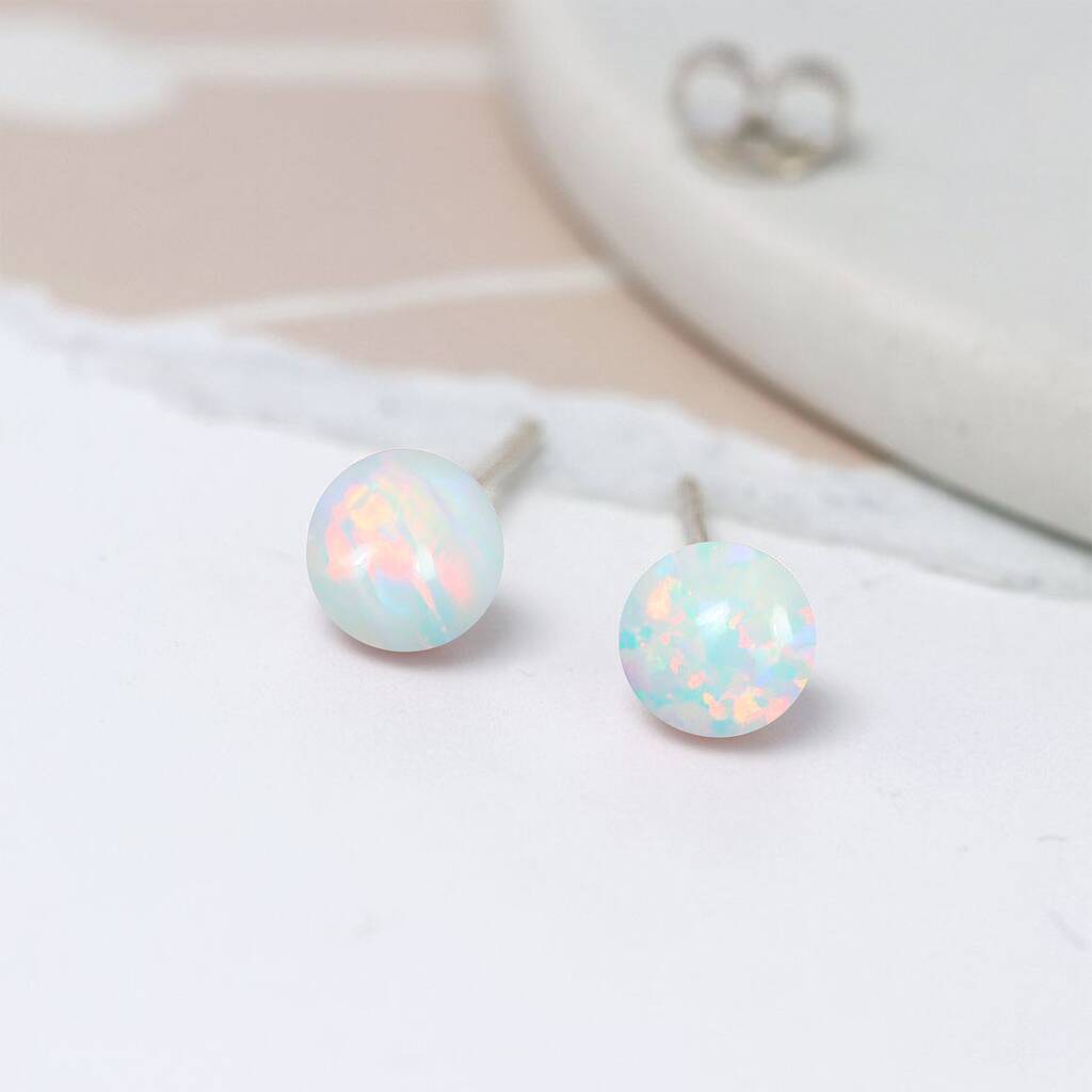 Tiny White Opal Ball Stud Earrings In Sterling Silver By Songs of Ink