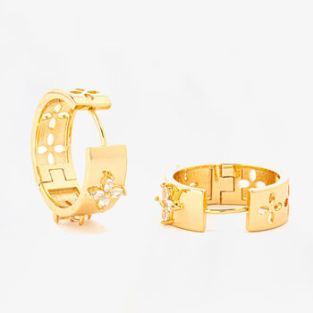 Kinmokusei 18 K Gold Plated Cz Rhinestone Floral Hoops, 4 of 6