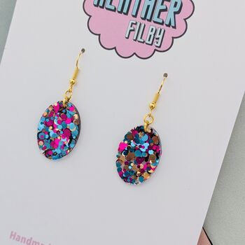 Mini Teal, Pink And Gold Oval Glitter Resin Earrings, 3 of 4