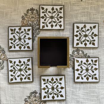 Set Of Six Wood Inlay Coasters With Case Host Gift, 5 of 12