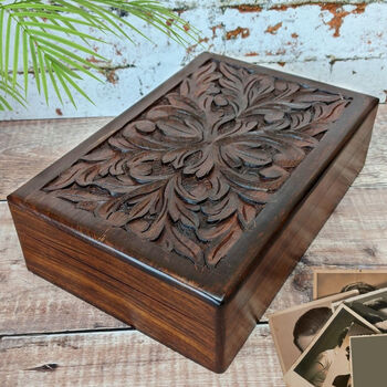 Wooden 5th Anniversary Gift For Her; Tree Trunk Inspired Wooden Box, 2 of 7