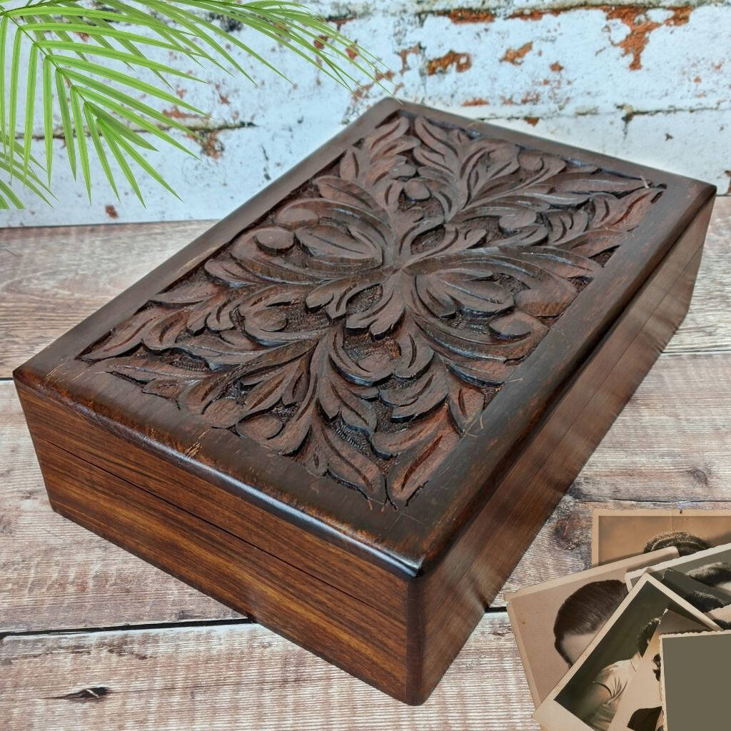 Carved Tree Floral Wooden Box Eco Design, 1 of 6