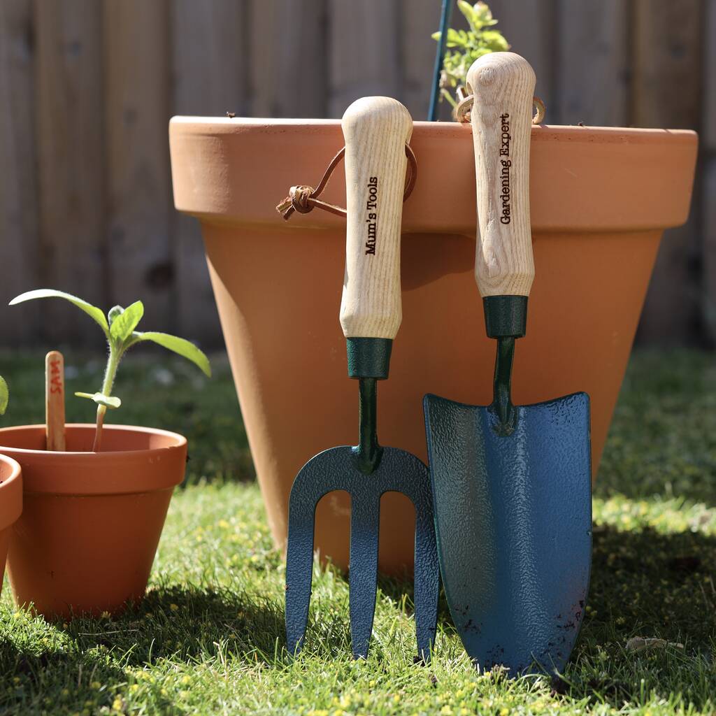personalised fork and trowel gardening set by hot dot laser