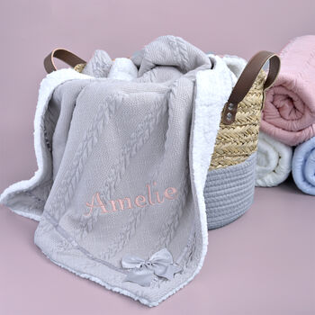 Personalised Knitted Grey Blanket With Bow, 9 of 9