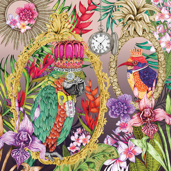 Signature Tropical Birds Dressed Up Bright Colourful Tropical Flowers Green Parrot Luxury Velvet Cushion, 7 of 9