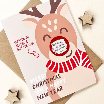 Rudolph Reindeer Scratch Off Surprise Gift Christmas Card, 2 of 3