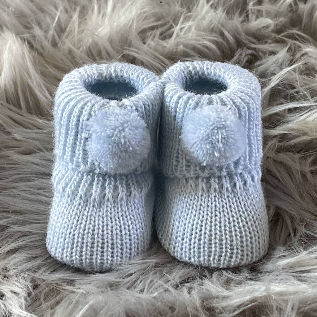 Blue Knitted Baby Booties With Pom Pom, 1 of 7