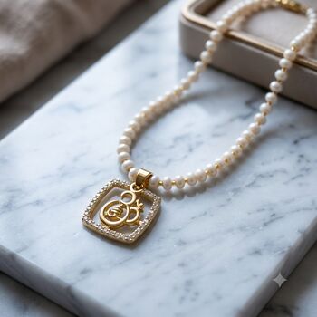 Om Square Pendant Pearl Beaded Necklace, 3 of 3