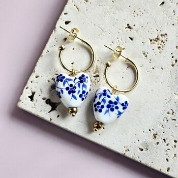 Blue And White Ceramic Heart Hoop Earrings Delftware Inspired, 3 of 4